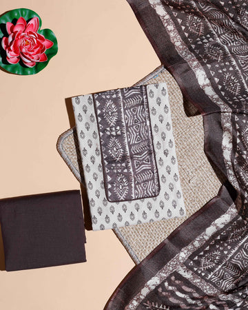 Women's Handblock Printed Cotton Salwar Material with Plain Bottom and Coordinated Dupatta - Cream