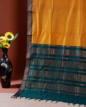 Traditional Handloom Kalyani Cotton Saree with Intricate Zari Border and Pallu - Yellow