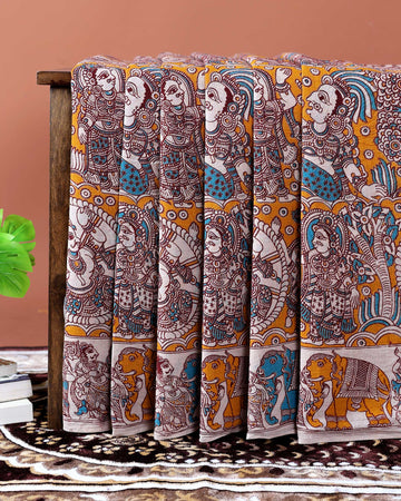 Handloom Kalamkari Cotton Saree with Traditional Motifs - Yellow