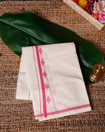 Traditional Handwoven Cotton Dhoti with Pink Color Border and Elegant Finish - Off White