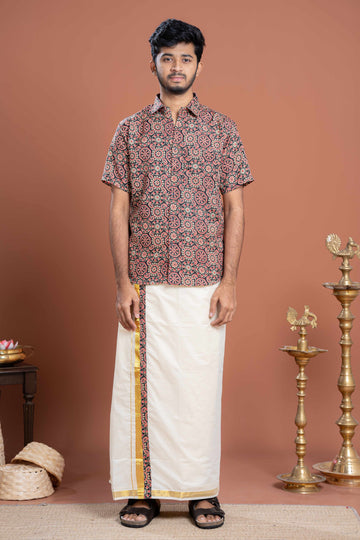 Men's Traditional Ethnic Printed Half-Sleeve Shirt with Kasavu Border Dhoti Set - Multi