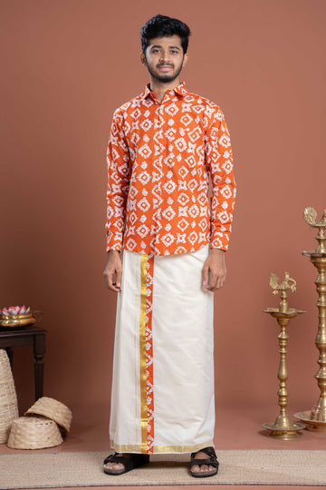 Men's Traditional Printed Shirt & Dhoti Set with Golden Border - Orange