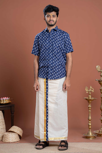 Men's Traditional Ethnic Printed Shirt & Dhoti Set with Zari Border - Blue