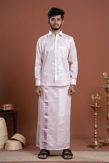 Elegant Men's Ethnic Full Sleeve Shirt & Dhoti Set with Traditional Border - Rose Gold