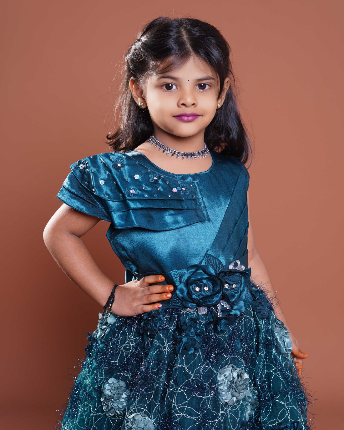 Girls Embellished Party Wear Frock with Floral Appliqués and Flared Net Skirt - Teal