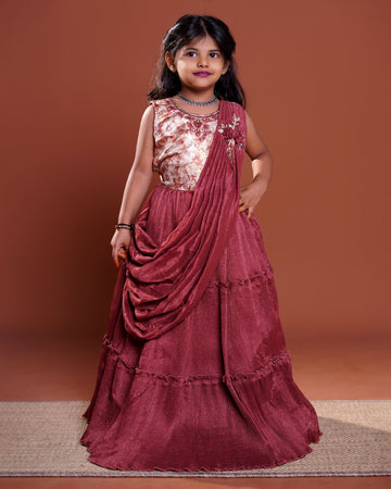 Elegant Girls' Festive Frock with Embellished Neckline and Draped - Multi