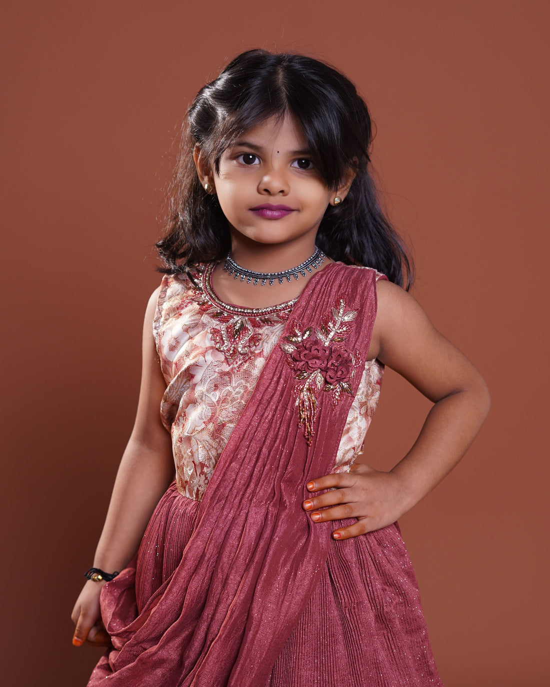 Elegant Girls' Festive Frock with Embellished Neckline and Draped - Multi