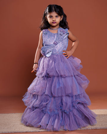 Girls' Sleeveless Layered Net Party Frock with Embellished - Purple