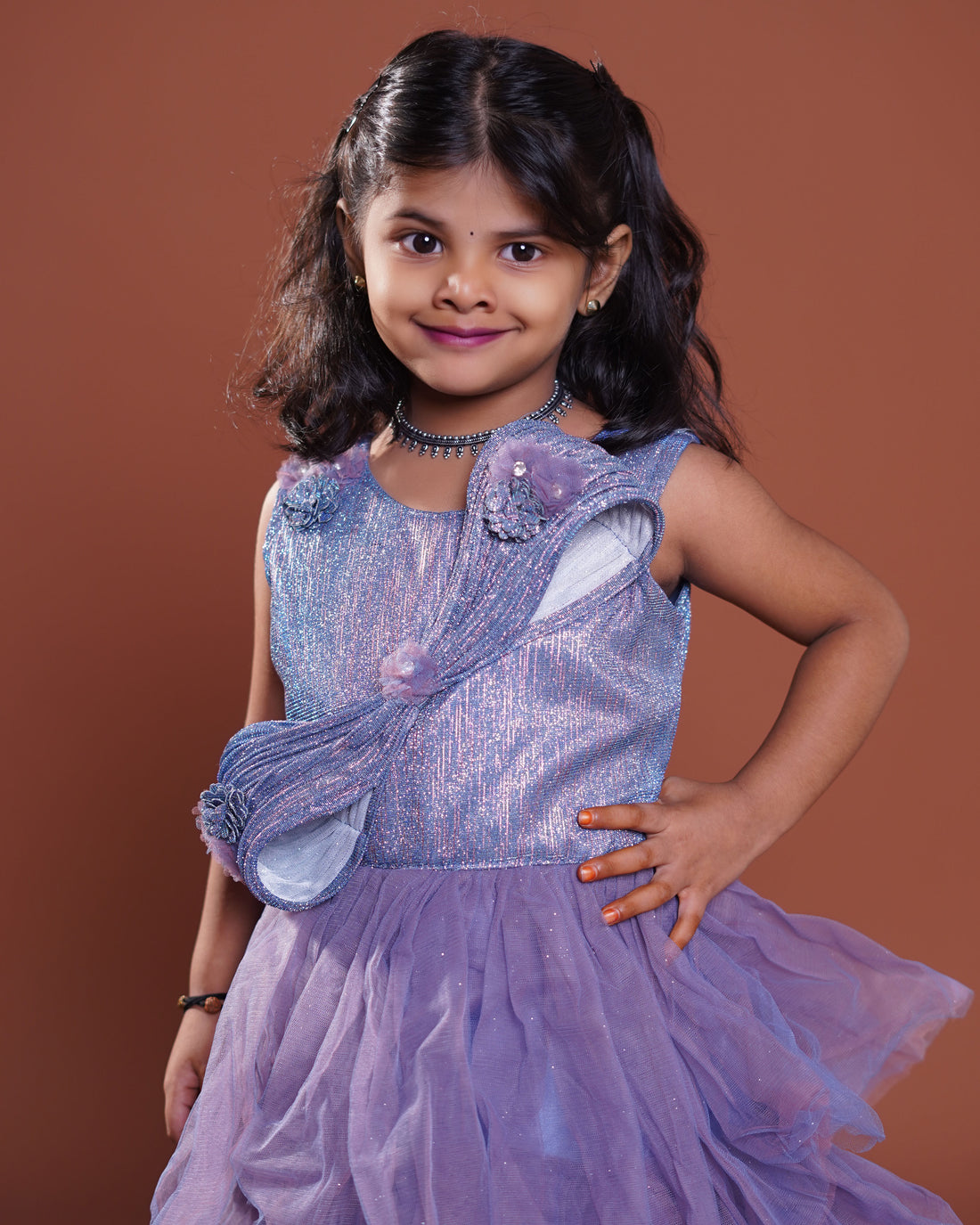 Girls' Sleeveless Layered Net Party Frock with Embellished  - Purple