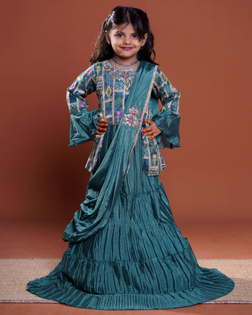 Girls' Ethnic Motifs Printed Ready-to-Wear Lehenga & Choli with Dupatta - Green