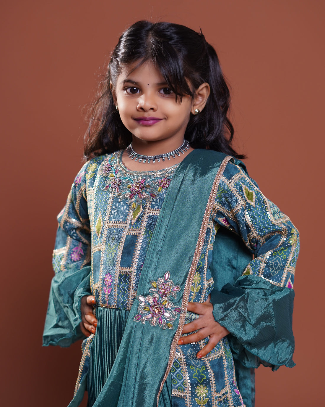 Girls' Ethnic Motifs Printed Ready-to-Wear Lehenga & Choli with Dupatta - Green