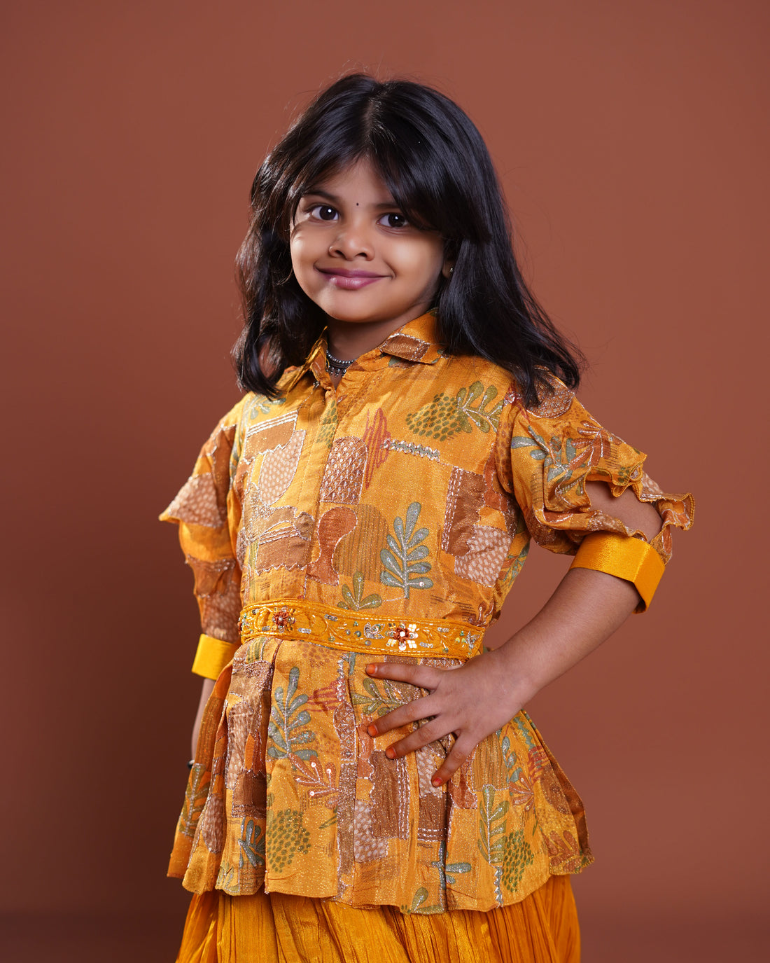 Girls Ethnic Printed Peplum Top & Pleated Skirt Set with Ruffled Sleeves Kids Choli - Yellow