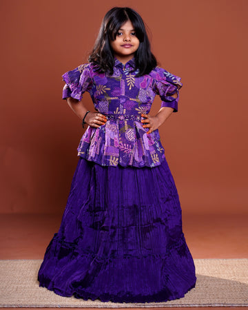 Girls Ethnic Printed Peplum Top & Pleated Skirt Set with Ruffled Sleeves Kids Choli - Purple