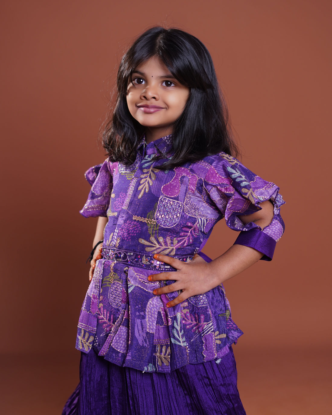 Girls Ethnic Printed Peplum Top & Pleated Skirt Set with Ruffled Sleeves Kids Choli - Purple
