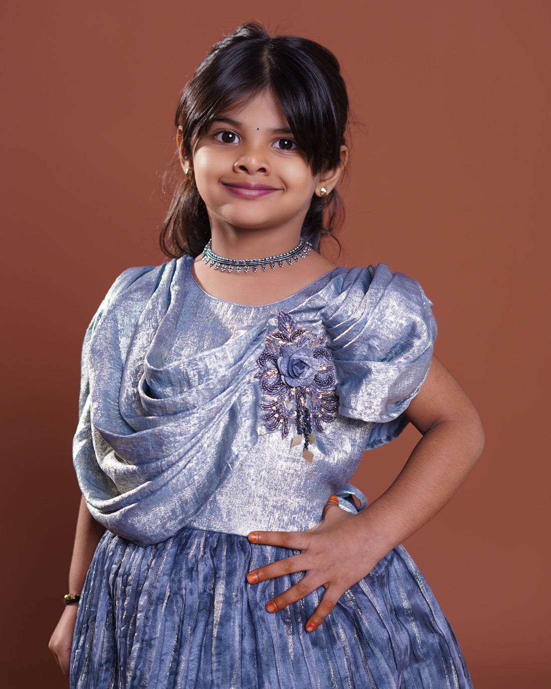 Girls Elegant Embellished Fit & Flare Frock - Blue