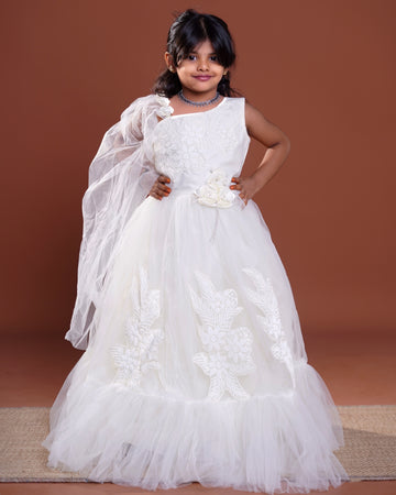 Girls Embellished Net Frock with Floral Appliqué & Cape - White