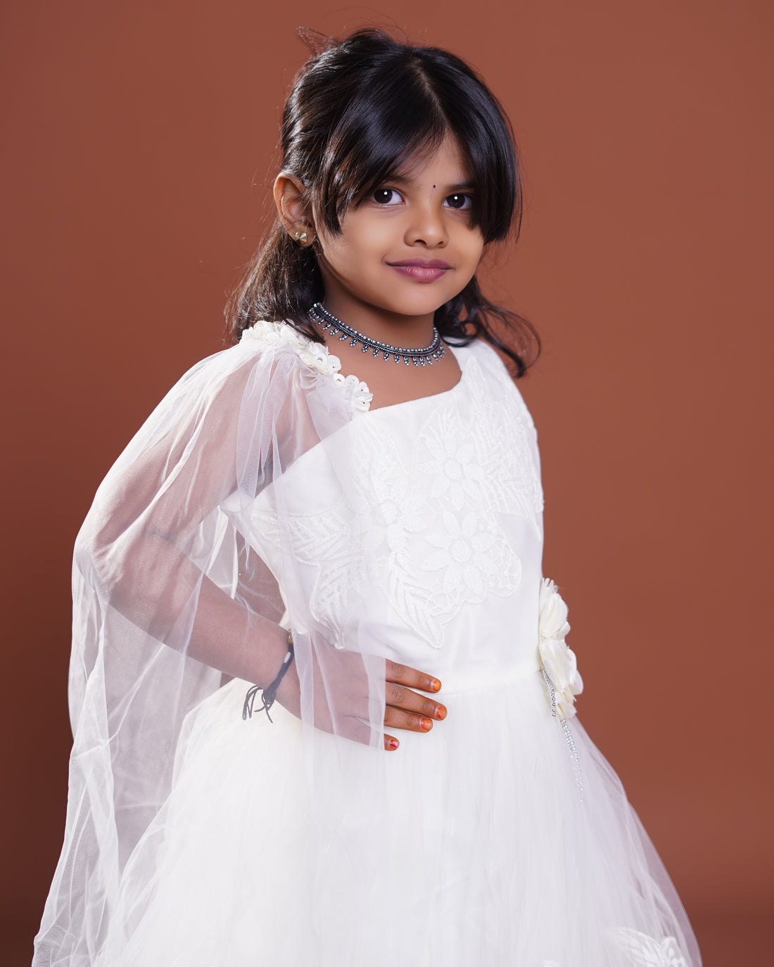 Girls Embellished Net Frock with Floral Appliqué & Cape - White
