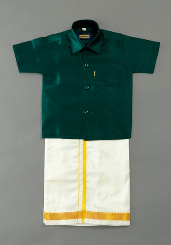 Bottle Green Colour Silk Cotton Dhoti & Shirt Set