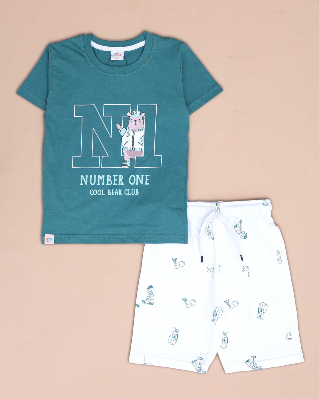 Boys' Casual Printed T-shirt and Shorts Set - Green & White