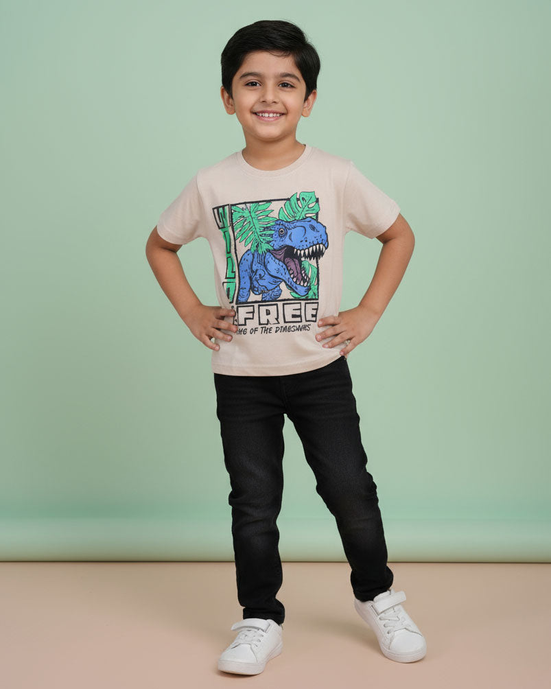 Boys Casual Stylish Printed T- Shirt - Beige-Front-1