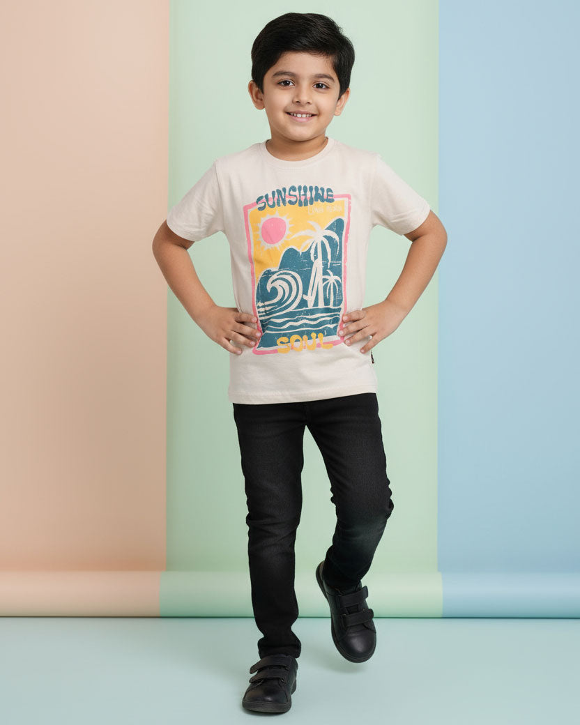 Boys Casual Stylish Printed T- Shirt - Beige-Front-2