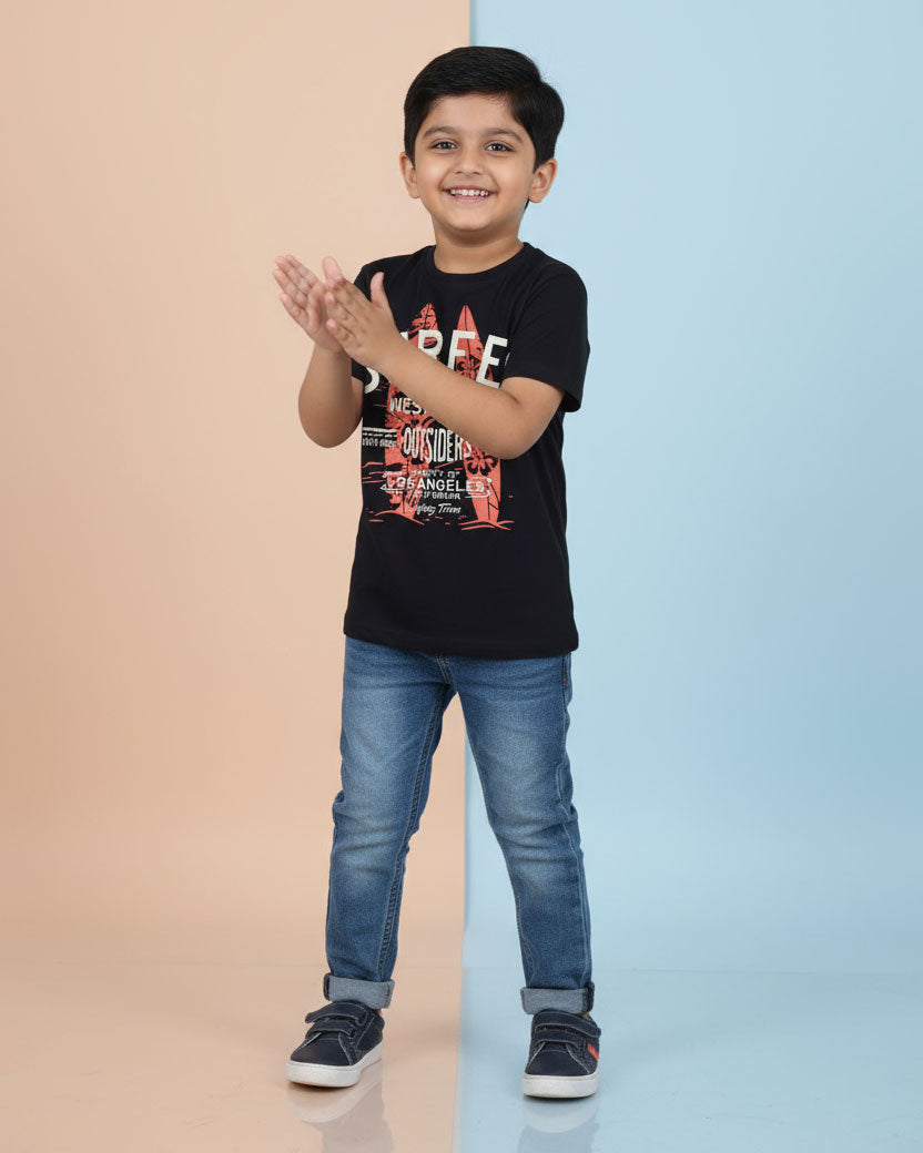 Boys Casual Stylish Printed T- Shirt - Black