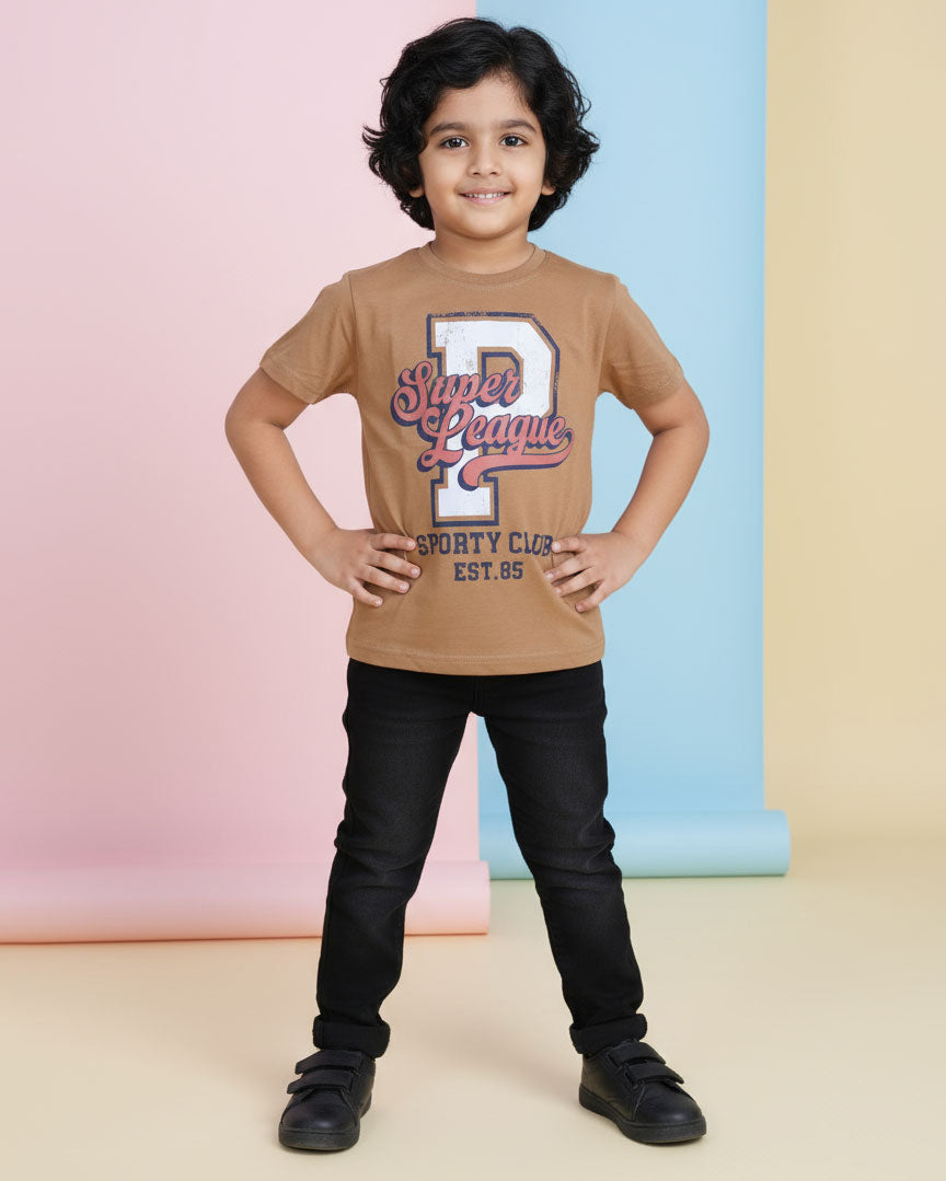 Boys Casual Stylish Printed T- Shirt - Brown