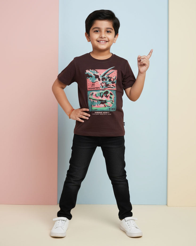 Boys Casual Stylish Printed T- Shirt - Dark Brown