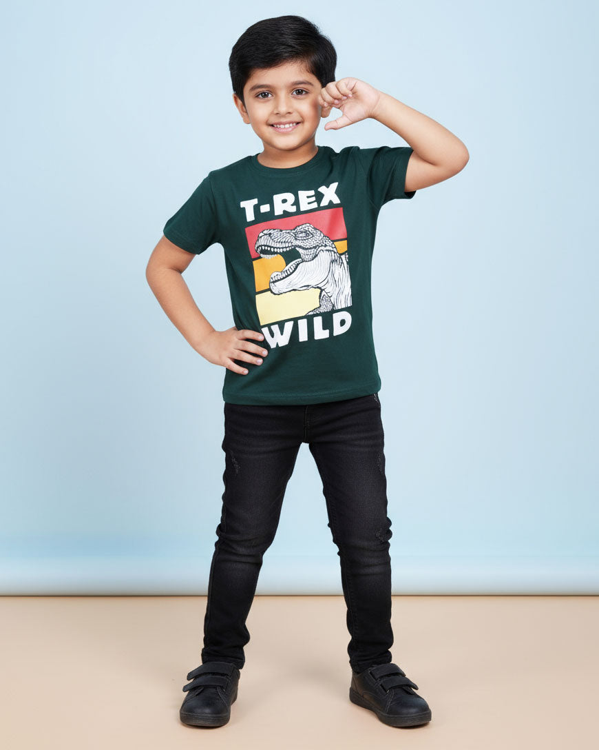 Boys Casual Stylish Printed T- Shirt - Dark Green-Front