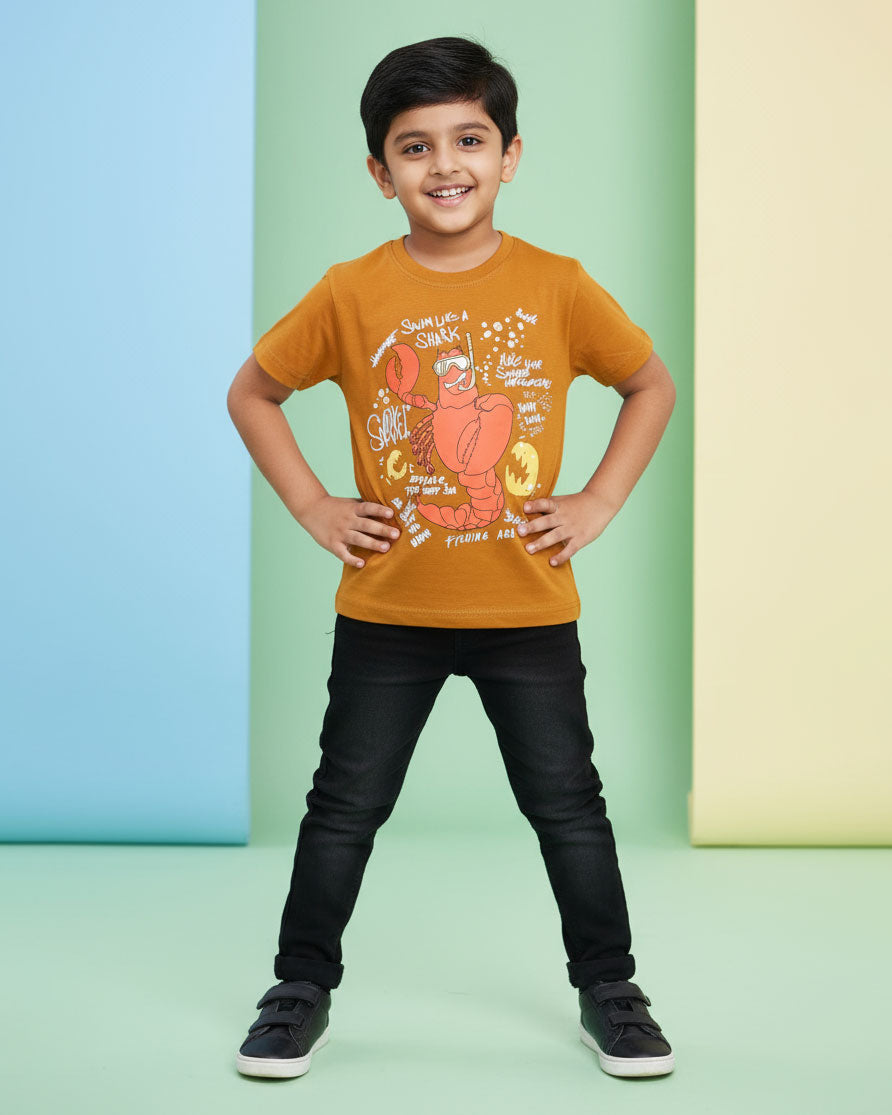 Boys Casual Stylish Printed T- Shirt - Mustard