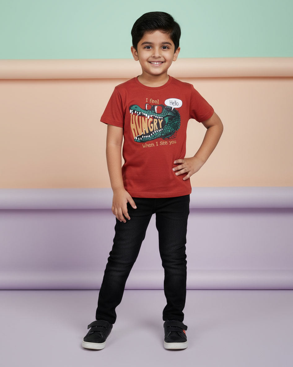 Boys Casual Stylish Printed T- Shirt - Red-Front-2