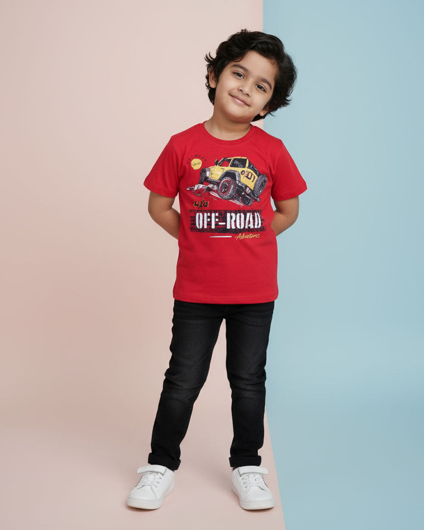Boys Casual Stylish Printed T- Shirt - Red-Front