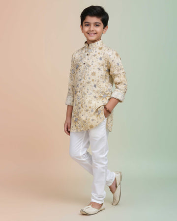 Boys Floral Printed Festive Kurta Set with Mandarin Collar - Yellow-Main