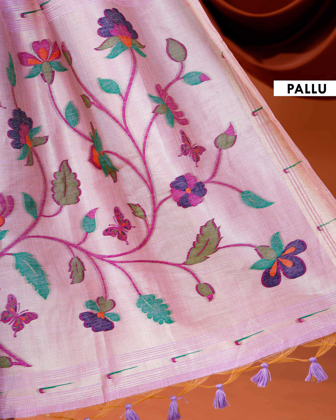 Handwoven Paithani Saree with Zari Border and Intricate Floral Embroidery on Pallu - Lavender