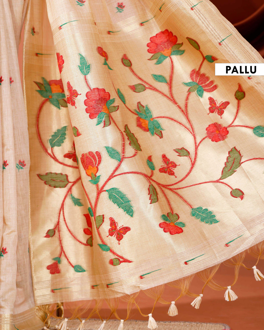 Handwoven Paithani Saree with Zari Border and Intricate Floral Embroidery on Pallu - Sandal
