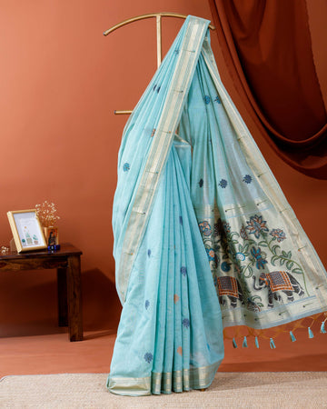 Handwoven Paithani Saree with Zari Border and Intricate Elephant & Floral Motif Pallu Embroidery - Blue