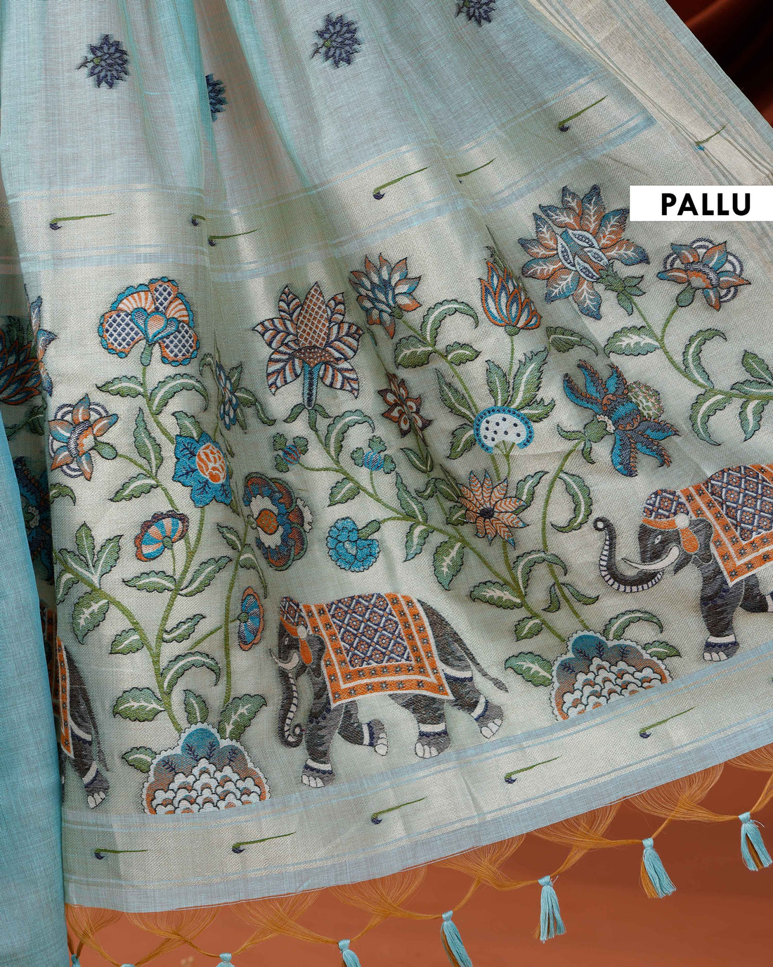 Handwoven Paithani Saree with Zari Border and Intricate Elephant & Floral Motif Pallu Embroidery - Blue
