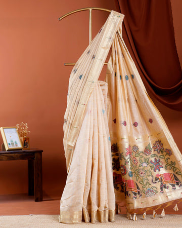 Traditional Paithani Saree with Handwoven Buttas and Majestic Elephant Motif Pallu - Sandal
