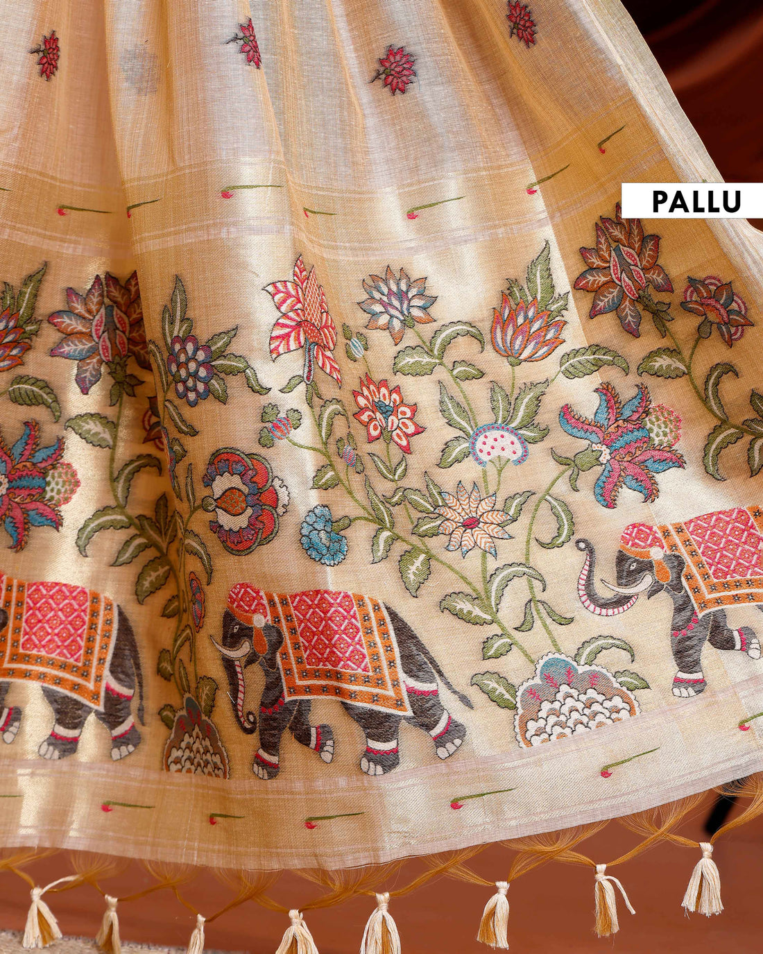 Traditional Paithani Saree with Handwoven Buttas and Majestic Elephant Motif Pallu - Sandal