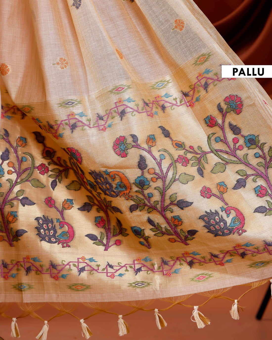 Traditional Paithani Saree with Handwoven Buttas and Intricate Floral Pallu - Sandal