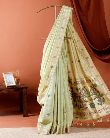Traditional Paithani Saree with Handwoven Buttas and Intricate Floral Pallu - Green