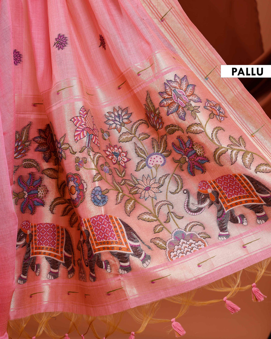 Traditional Paithani Saree with Handwoven Buttas and Majestic Elephant Motif Pallu - Pink