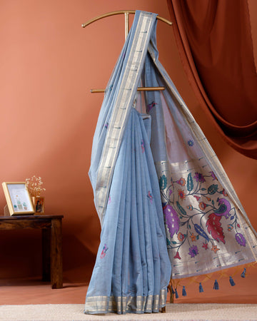 Exquisite Handloom Paithani Saree with Intricate Floral & Peacock Motifs and Zari Border - Grey