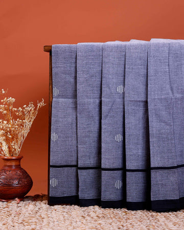 Handloom Khadi Cotton Saree with Woven Motifs and Contrast Border - Grey