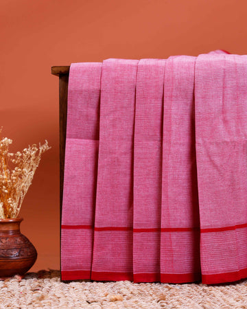 Handwoven Khadi Cotton Saree with Subtle Border Detail - Dark Pink