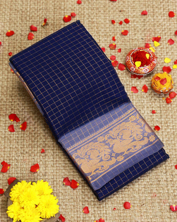 Traditional Sungudi Cotton Saree with Checked Pattern and Rich Zari Peacock Border - Navy Blue