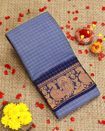 Traditional Sungudi Cotton Saree with Checked Pattern and Rich Zari Peacock Border - Grey