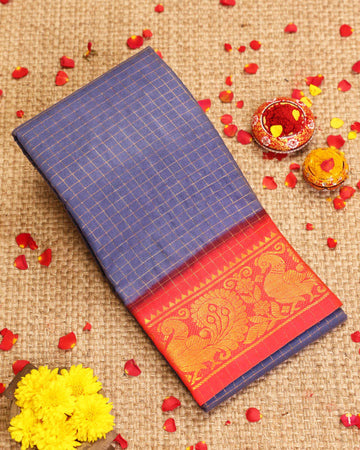 Traditional Sungudi Cotton Saree with Checked Pattern and Rich Zari Peacock Border - Lavender