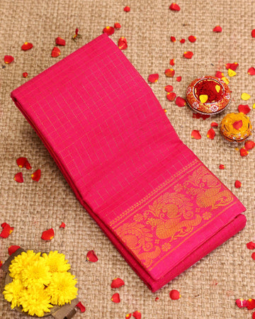 Traditional Sungudi Cotton Saree with Checked Pattern and Rich Zari Peacock Border - Pink