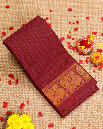 Traditional Sungudi Cotton Saree with Checked Pattern and Rich Zari Peacock Border -Maroon